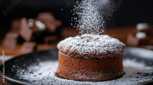 A visual of a beautifully crafted gourmet chocolate soufflé with a dusting of powdered sugar.