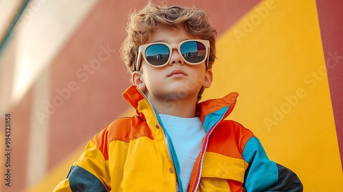 Young boy wearing colorful retroinspired windbreaker paired with sleek sunglasses and yellow panama Urban sport fashion Concept of 90s fashion youth culture oldstyle trends : Generative AI photo