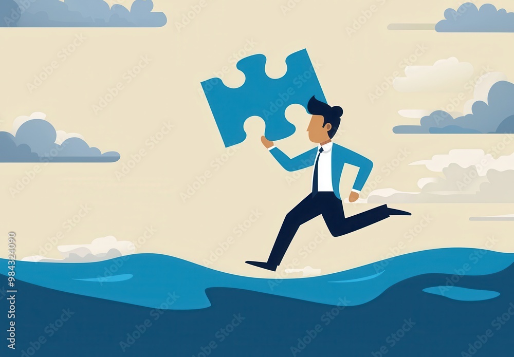 Fototapeta premium A person runs on water holding a puzzle piece, symbolizing problem-solving and overcoming challenges amidst a cloudy sky.