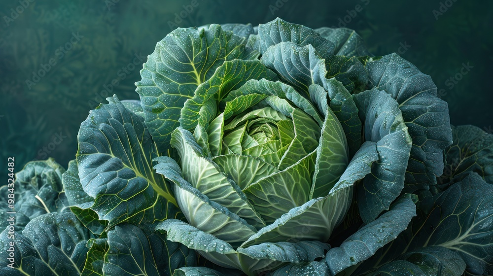 Obraz premium Lush green cabbage showcases its intricate layers under soft natural light in a serene garden setting. Generative AI