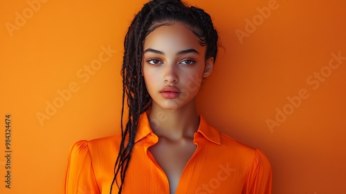 Braided hairstyle Portrait of a beautiful fashion model girl in an orange blouse on an orange studio background Summer collection Bright colors : Generative AI photo