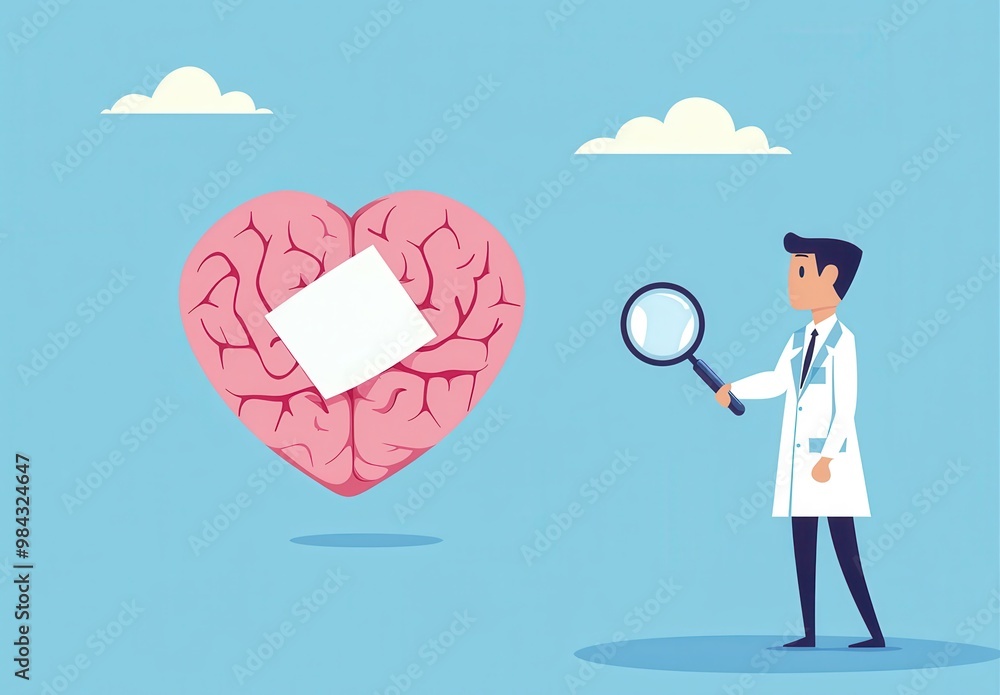 custom made wallpaper toronto digitalA scientist examines a brain-shaped heart, symbolizing the connection between emotions and intellect, set against a blue sky.