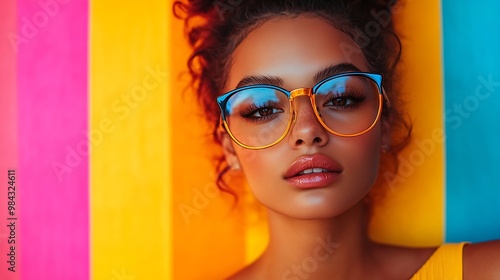 Vibrant street style Portrait of woman wearing uniquely top and trendy eyeglasses with vividly colorful neon striped background Concept of youth beauty fashion and style modern lifesty : Generative AI