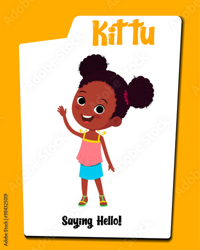 Cute cartoon girl saying hello. girl vector. hello vector. girl illustration. black girl saying hello vector cartoon. photo