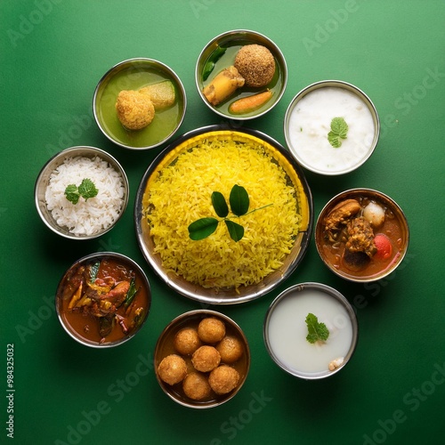 Onam food with sadhya rice on green background. photo