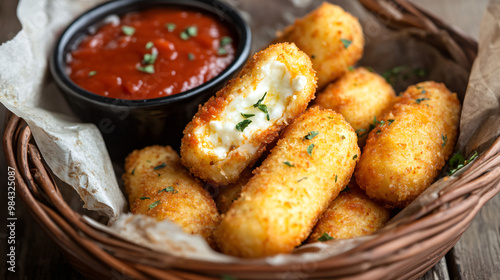 A visual of a basket of crispy mozzarella sticks with a side of marinara sauce.