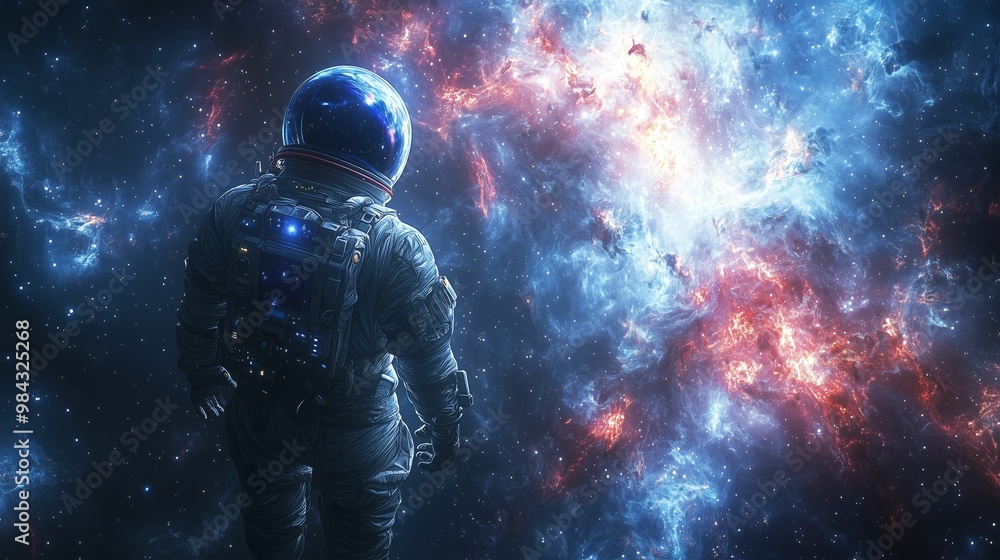 Fototapeta premium Astronaut Exploring Colorful Deep Space Nebula