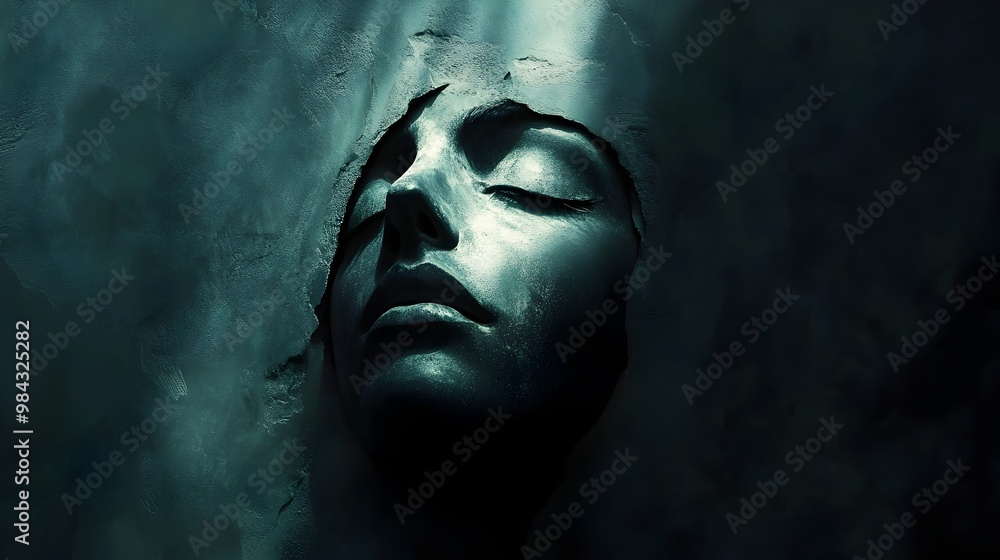 A Serene Face Emerging from the Shadows Symbolizing Hope and Introspection A Serene Face Emerging from the Shadows Symbolizing Hope and Introspection