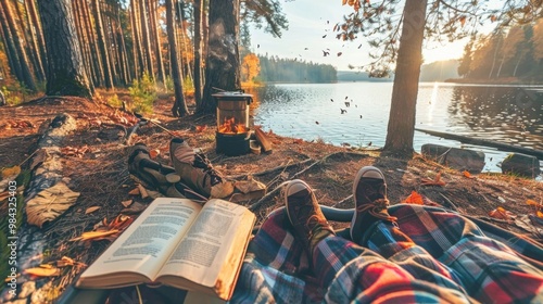 Cozy camping setup with blankets books and candles beside autumn lake