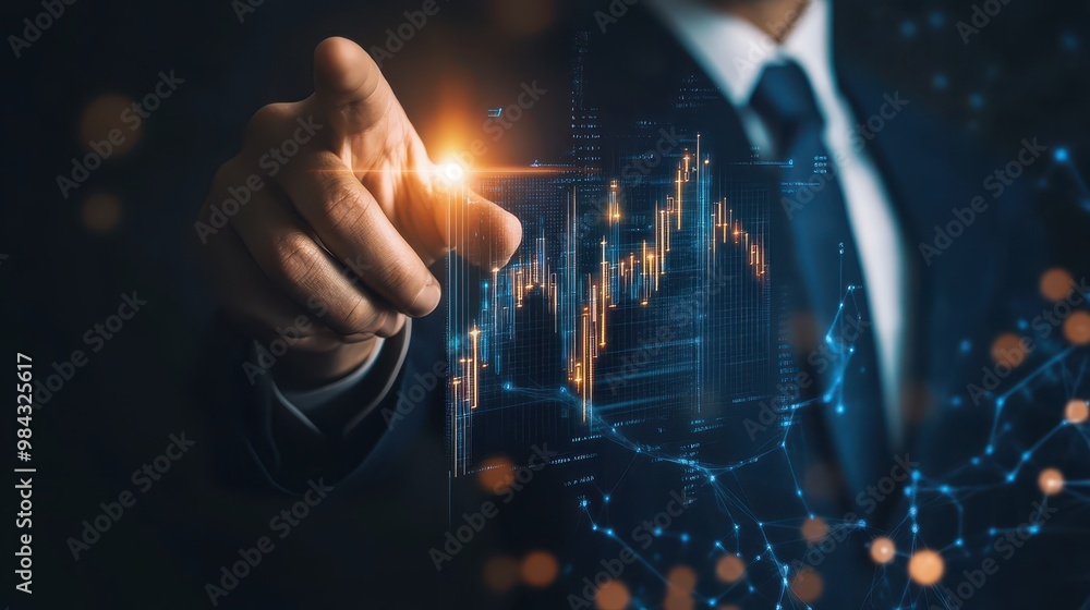 Business executive pointing at a holographic graph showing upward trends, bright and clear. Business executive pointing at a holographic graph showing upward trends, bright and clear.