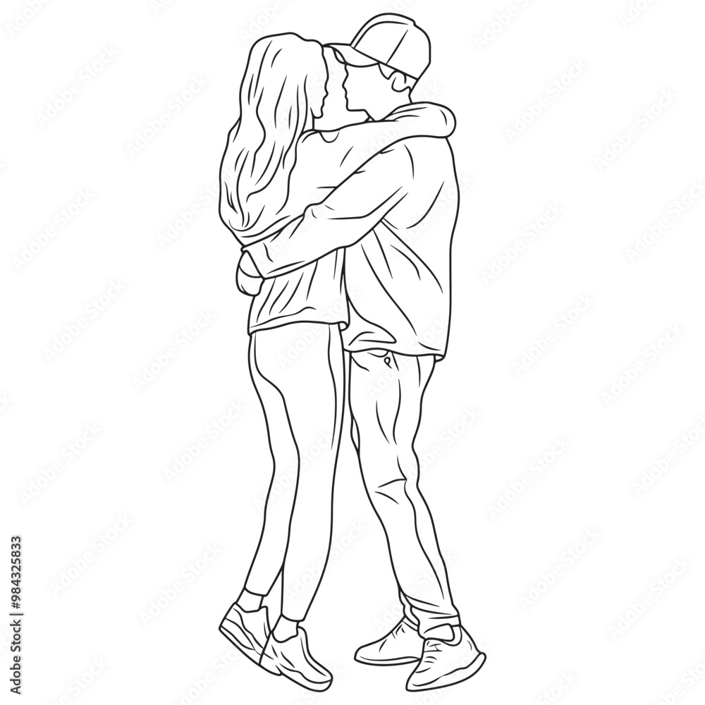 Romantic Couple Hugging Line Art Illustration Romantic Couple Hugging Line Art Illustration