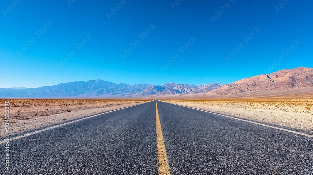 Fototapeta premium State Route 190 crosses Panamint Valley in Death Valley National Park California United States Empty desert road in Death Valley with clear blue sky : Generative AI