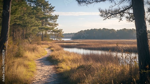 The Gordons Pond Trail wanders through nature at Cape Henlopen State Park on the Eastern Shore This 32mile accessible trail offers stunning views : Generative AI photo