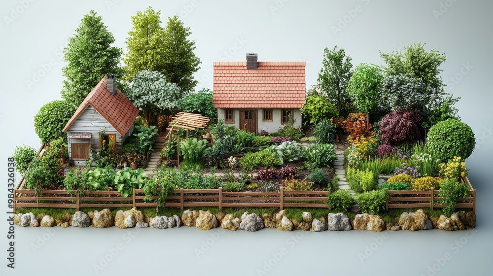 Fototapeta premium Organic permaculture garden, diverse crops and structures, 3D illustration, isolated on solid background