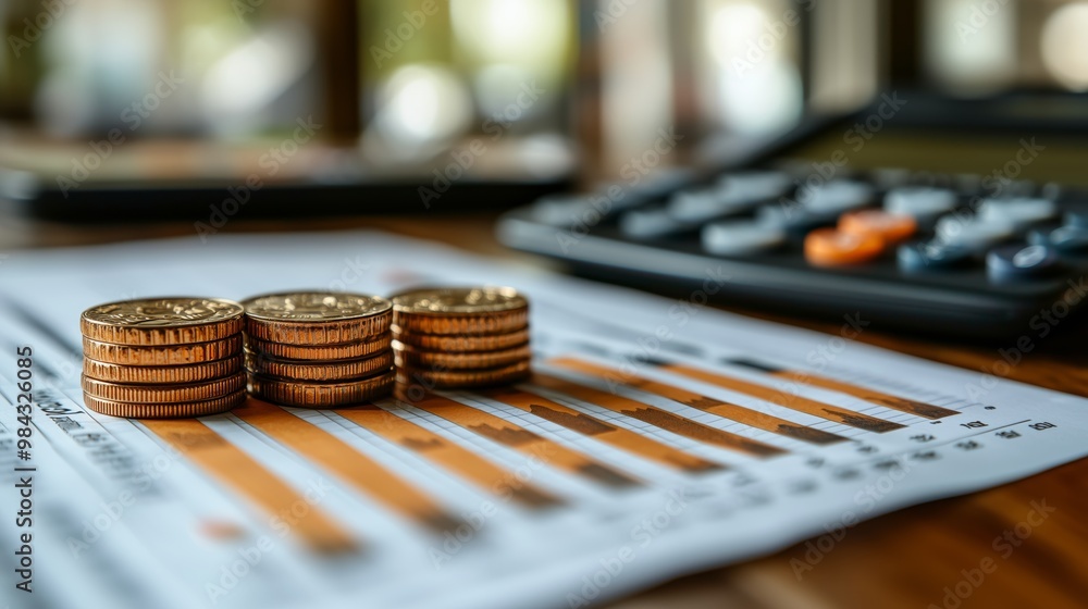 Financial Growth with Coins and Calculator on Table Financial Growth with Coins and Calculator on Table