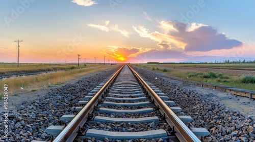 Railroad Train Tracks Leading to Horizon with Sunset Sky Transportation Scene