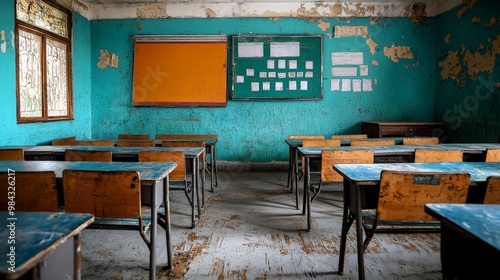 A school where one classroom is fully equipped and another is barren, symbolizing social inequality in education photo