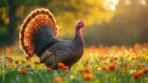 Organic free-range turkey, grazing in a field, 3D illustration, isolated on solid background