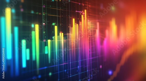 Business growth chart with a rainbow-colored bar graph on a futuristic, tech-themed background, symbolizing innovation and progress.