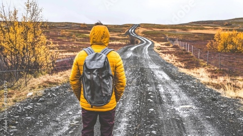 Person with Backpack Walking on Empty Road Through Desert Landscape Adventure