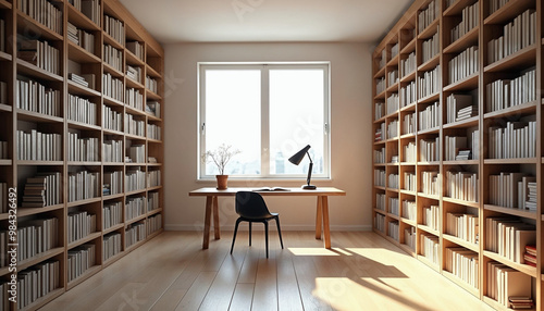 A minimalist study room with bookshelves, a desk, and warm natural light.