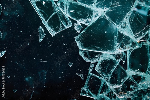 Shattered glass fragments spread across a dark background, creating a dynamic and dramatic visual impact. photo