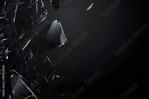 Shattered glass fragments spread across a dark background, creating a dynamic and dramatic visual impact. photo