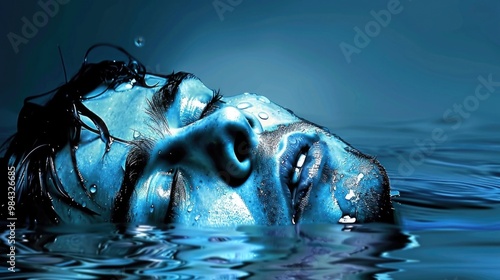 Woman Floating in Dark Blue Water Pool Underwater Artistic Photography Scene