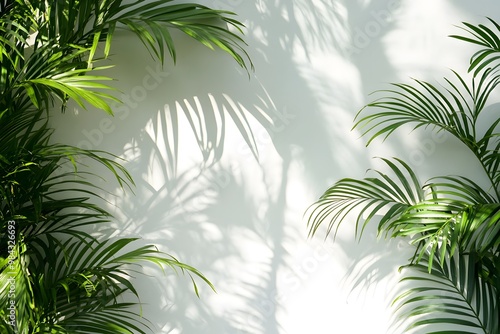 Tropical palm leaves casting soft shadows on a white wall, creating a serene and natural atmosphere.