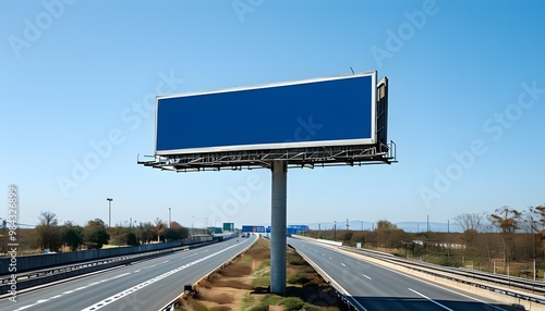 Empty highway billboard under a clear blue sky, perfect canvas for advertising and marketing opportunities