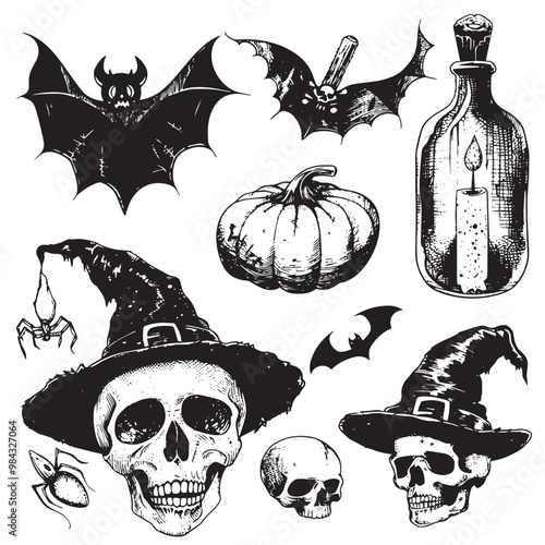 A collection of black and white images including a pumpkin bat and witch hat with Skull, Halloween elements, Happy Halloween photo