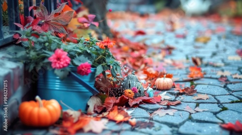 Autumn pumpkins and colorful fall leaves decorating cobblestone pathway
