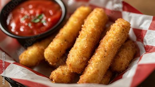 A visual of a basket of crispy mozzarella sticks with a side of marinara sauce.