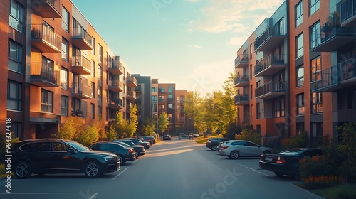 Exterior view of modern low rise apartment buildings complex with parking garages in an urban residential neighborhood : Generative AI photo