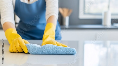 Wallpaper Mural Close-Up of Female Cleaner’s Gloved Hands Wiping a Marble Countertop with Blue Microfiber Cloth in Stylish Modern Kitchen, Professional Housekeeping and Cleaning Services Torontodigital.ca