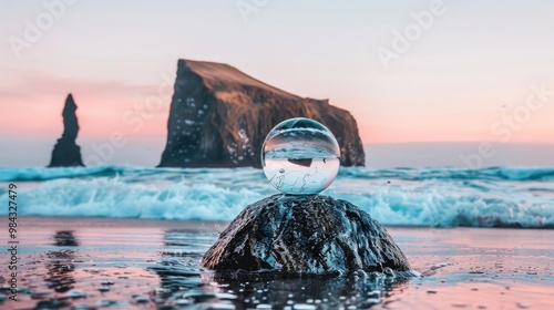 Crystal ball on rocky beach reflecting ocean waves during pink sunset sky