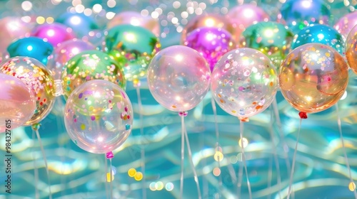 Colorful soap bubbles floating over water with rainbow reflections and light