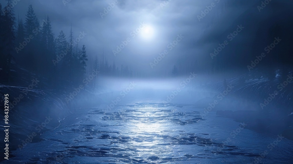 Fototapeta premium Misty lake with moonlight reflection creating peaceful nighttime water scene