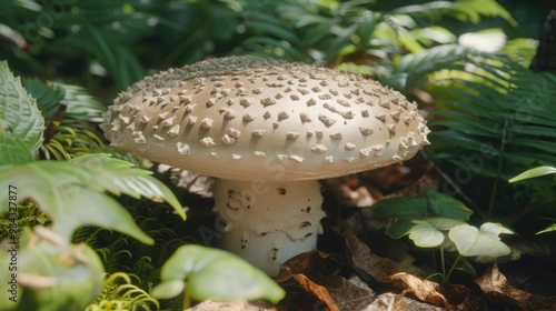 Large brown mushroom growing among green ferns in forest floor