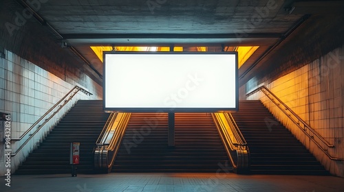 Horizontal mock up of blank advertising billboard poster template next to a flight of stairs outofhome OOH media display space mockup in pedestrian underpass digital display in train s : Generative AI photo