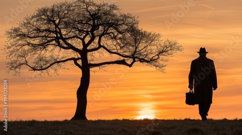 Businessman with briefcase walking past bare tree at golden sunset