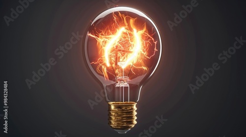 Glowing lightbulb with bright fire flame burning inside on dark background