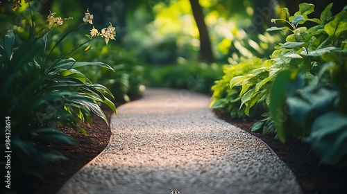 A fork in the beautiful walking trail leading through lush green plants : Generative AI photo