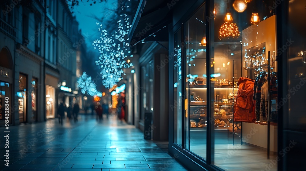 Blank mock up of store street showcase window in a city at night : Generative AI Blank mock up of store street showcase window in a city at night : Generative AI