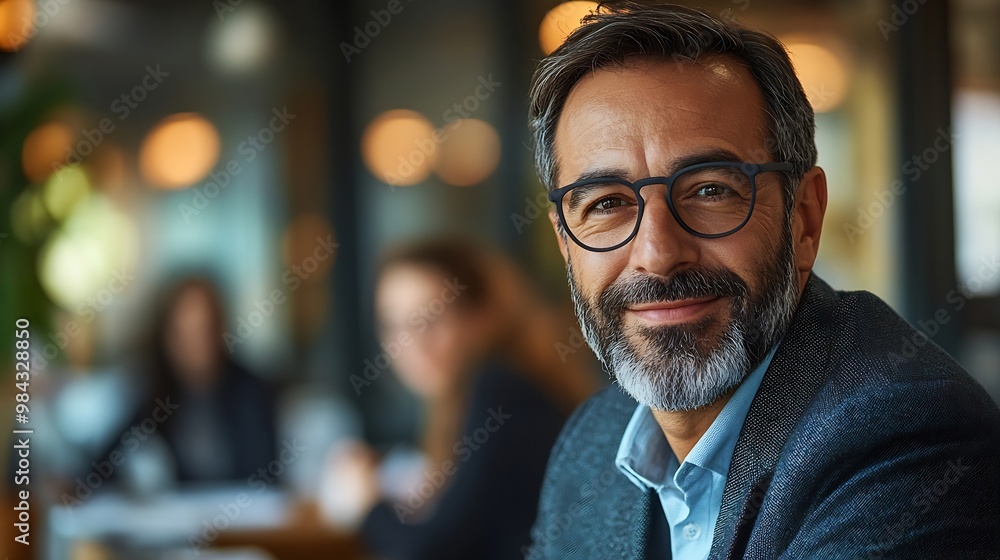 Portrait of a business man sitting in an office with his colleagues in the background Happy business man working in a coworking office : Generative AI Portrait of a business man sitting in an office with his colleagues in the background Happy business man working in a coworking office : Generative AI