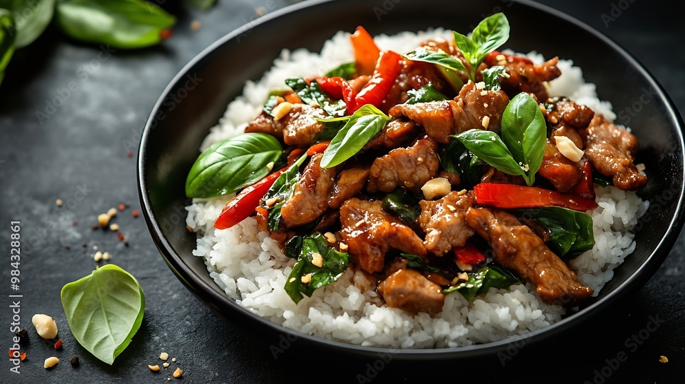 Rice topped Stirfried Pork and Basil Thai Food : Generative AI Rice topped Stirfried Pork and Basil Thai Food : Generative AI