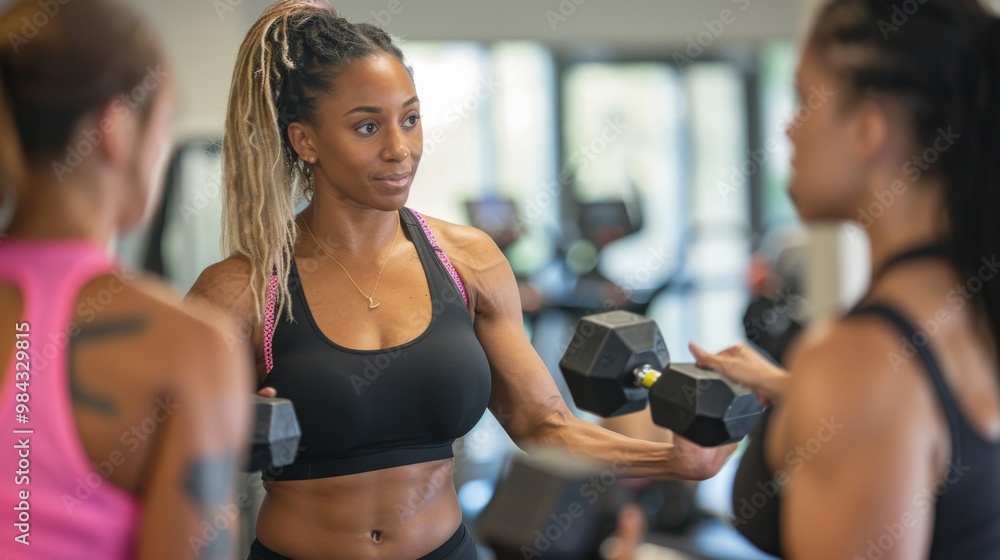 A group of women enjoying a challenging dumbbell workout session together, sweating it out in a supportive gym environment A group of women enjoying a challenging dumbbell workout session together, sweating it out in a supportive gym environment