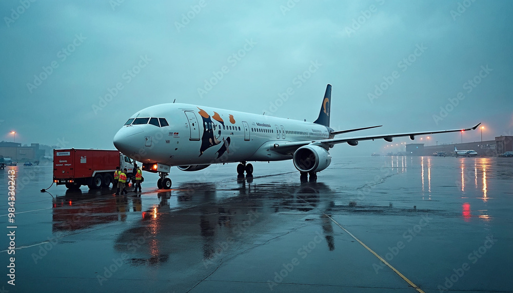 Fototapeta premium Passenger aircraft being refueled at an airport with a reflective tarmac and drizzly weather.
