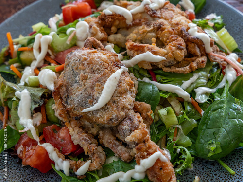 Konstfotografi Delicious fried soft-shell crab with salad and garlic aioli.
