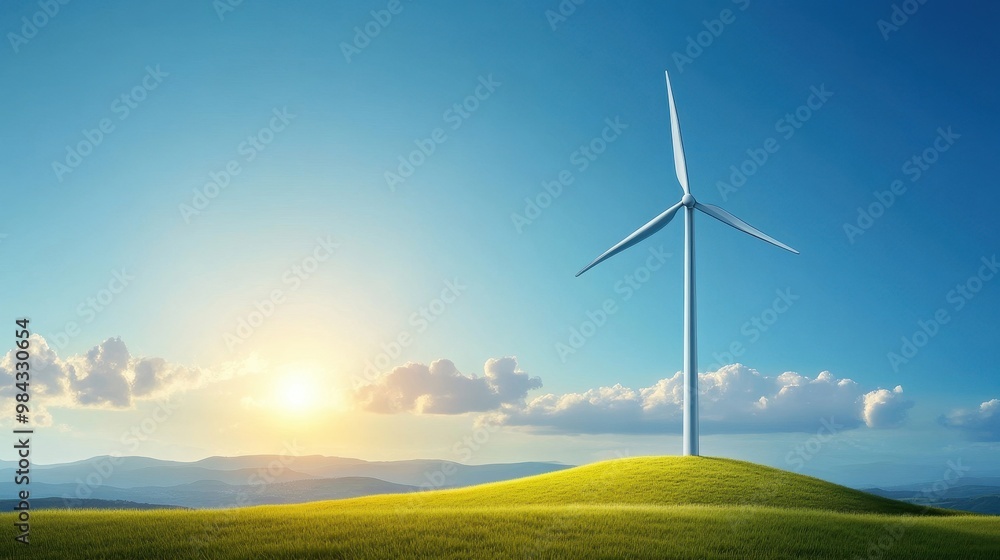 Wind turbines on green hills, eco-friendly energy Wind turbines on green hills, eco-friendly energy